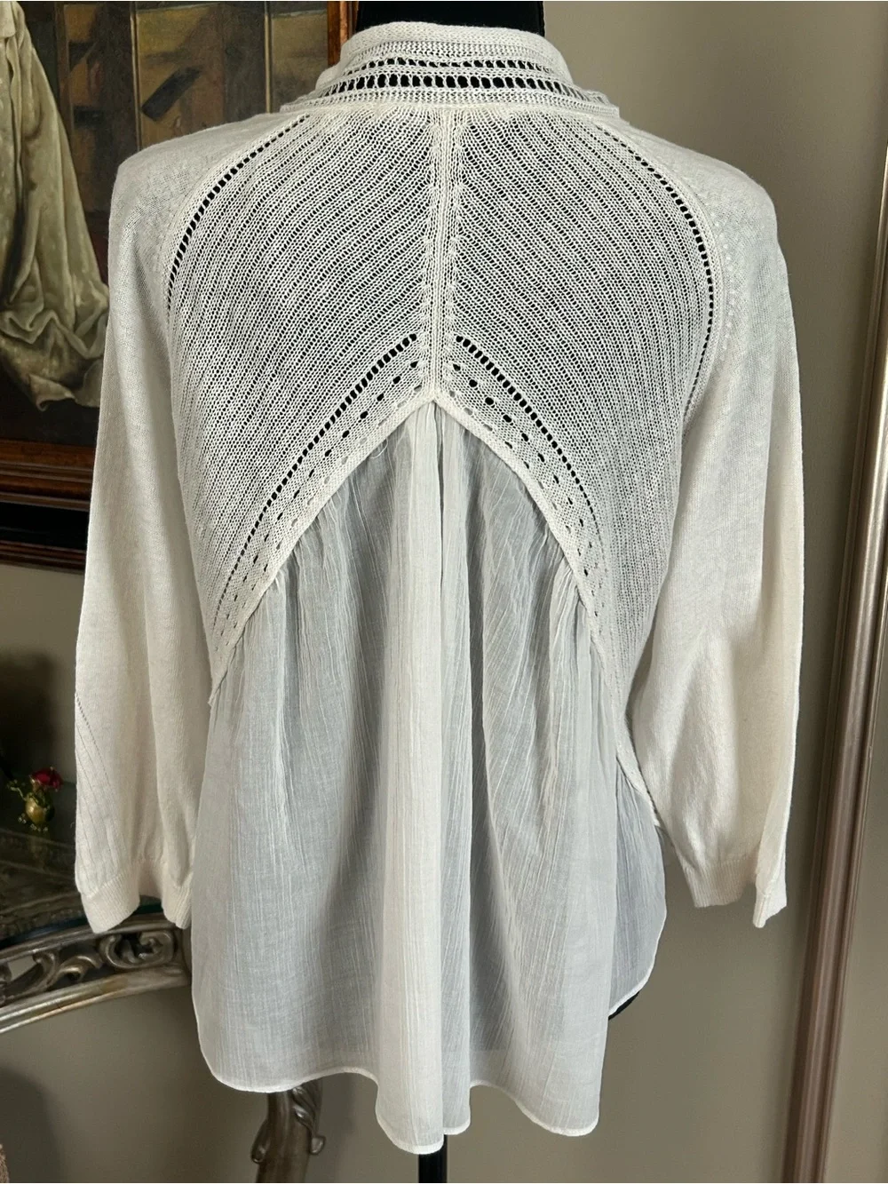 Knitted & Knotted Anthropologie Linen Cotton Open Front Cardigan Ivory Boho XL